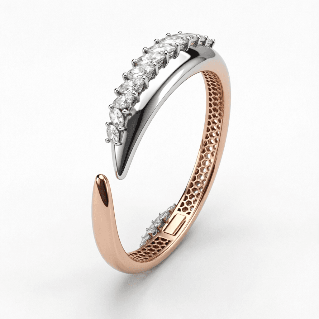 AI generated: Luxury 3D jewelry render of a modern open cuff bangle bracelet inspired by contemporary high-end fin...