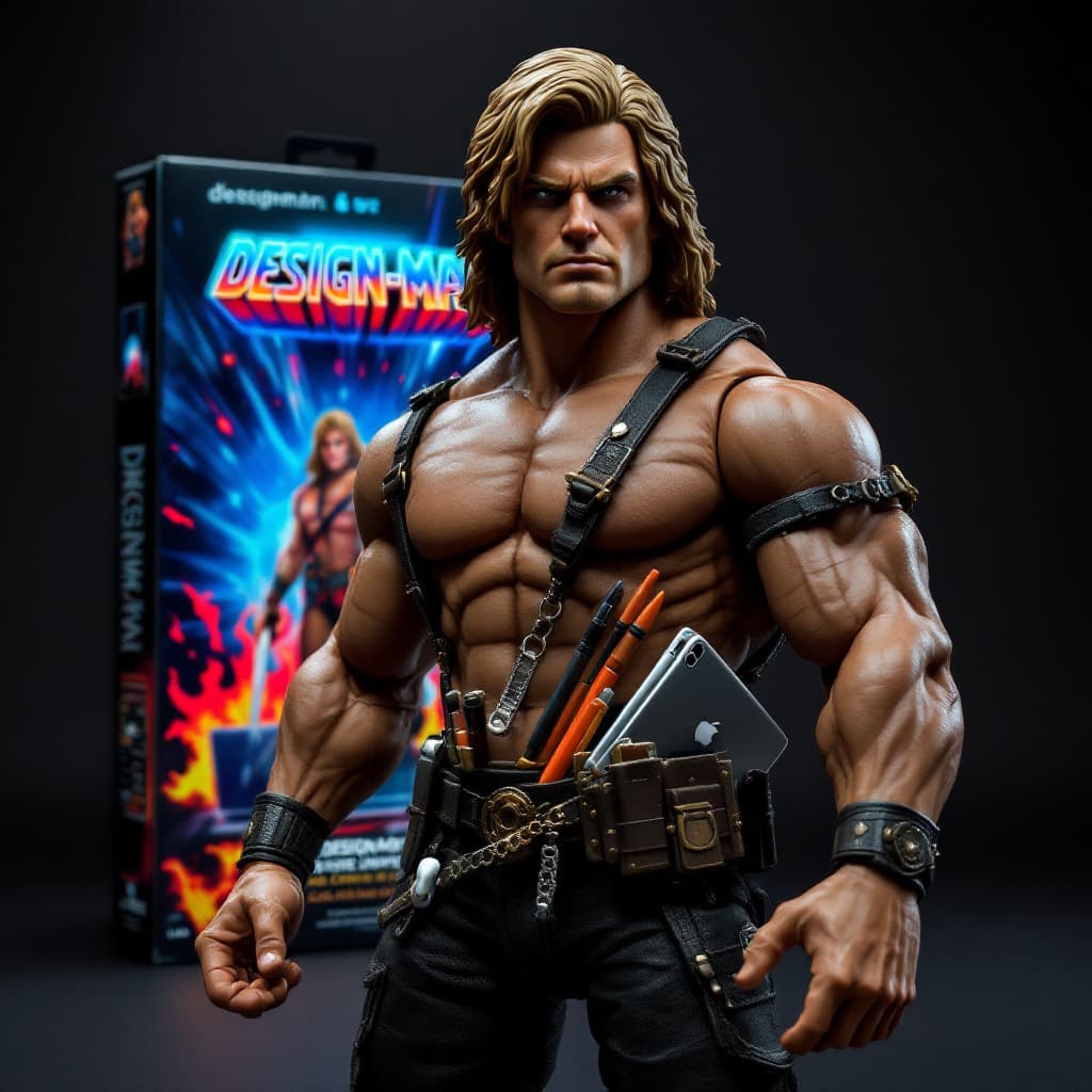 AI generated: “A hyper-realistic 1980s-style action figure of a heroic graphic designer, inspired by classic He-Ma...