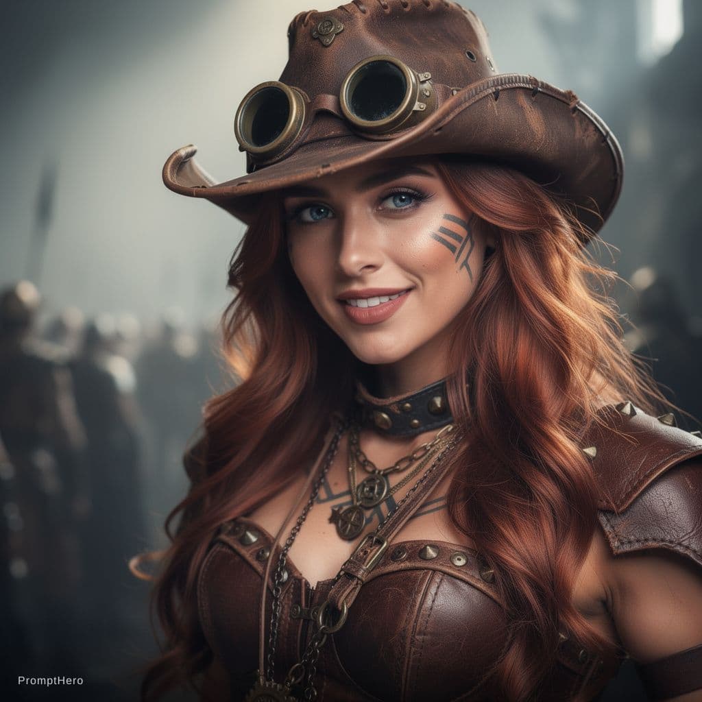 AI generated: A stunning portrait of a female steampunk warrior. She has long, auburn hair that cascades around he...