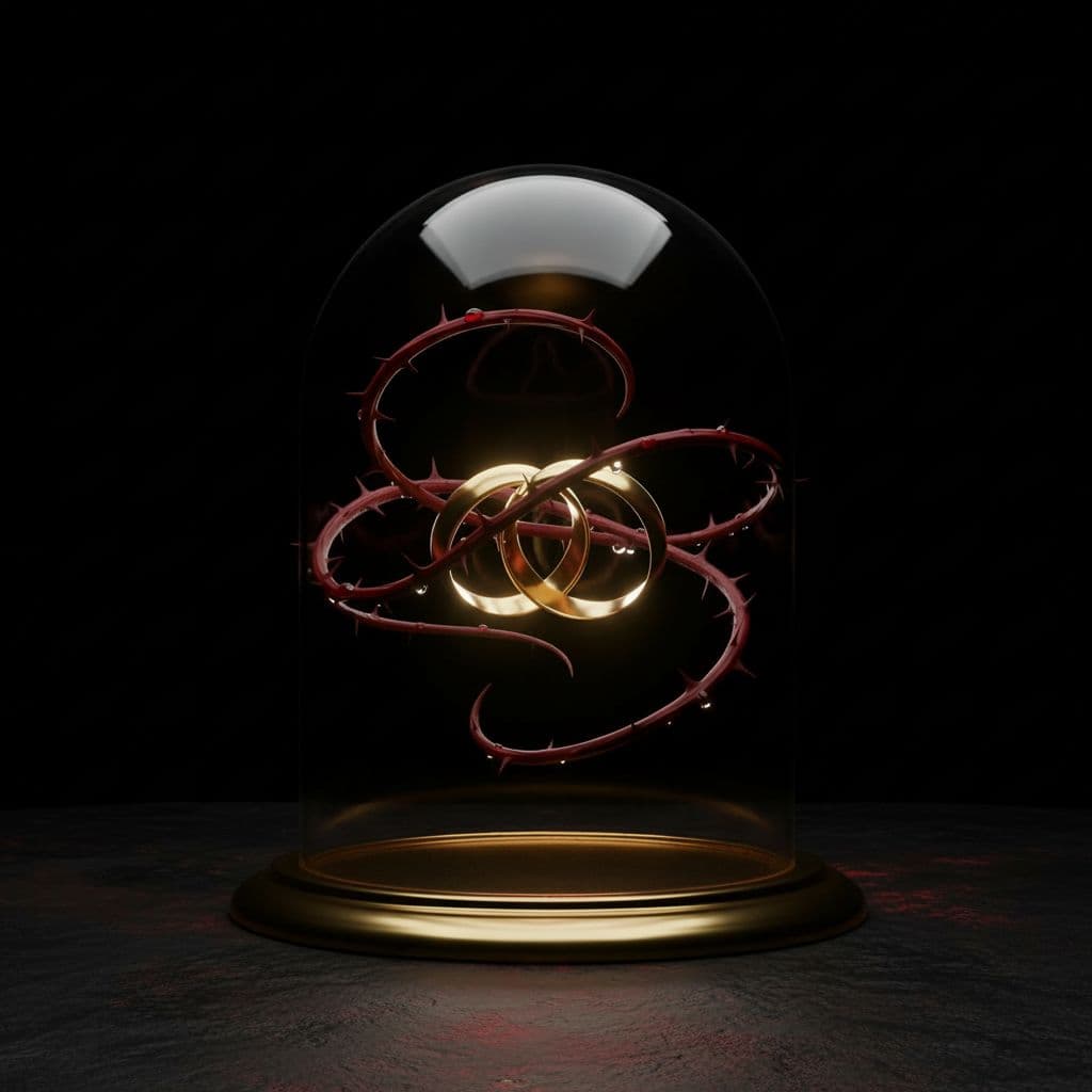 AI generated: Two golden wedding rings floating in midair against a deep black background, elegantly wrapped in ro...