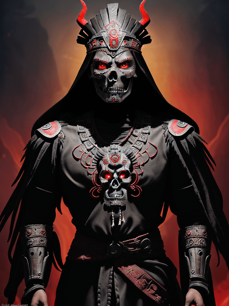 AI generated: A photorealistic digital illustration of an Aztec god with skull face, pointing at viewer and lookin...