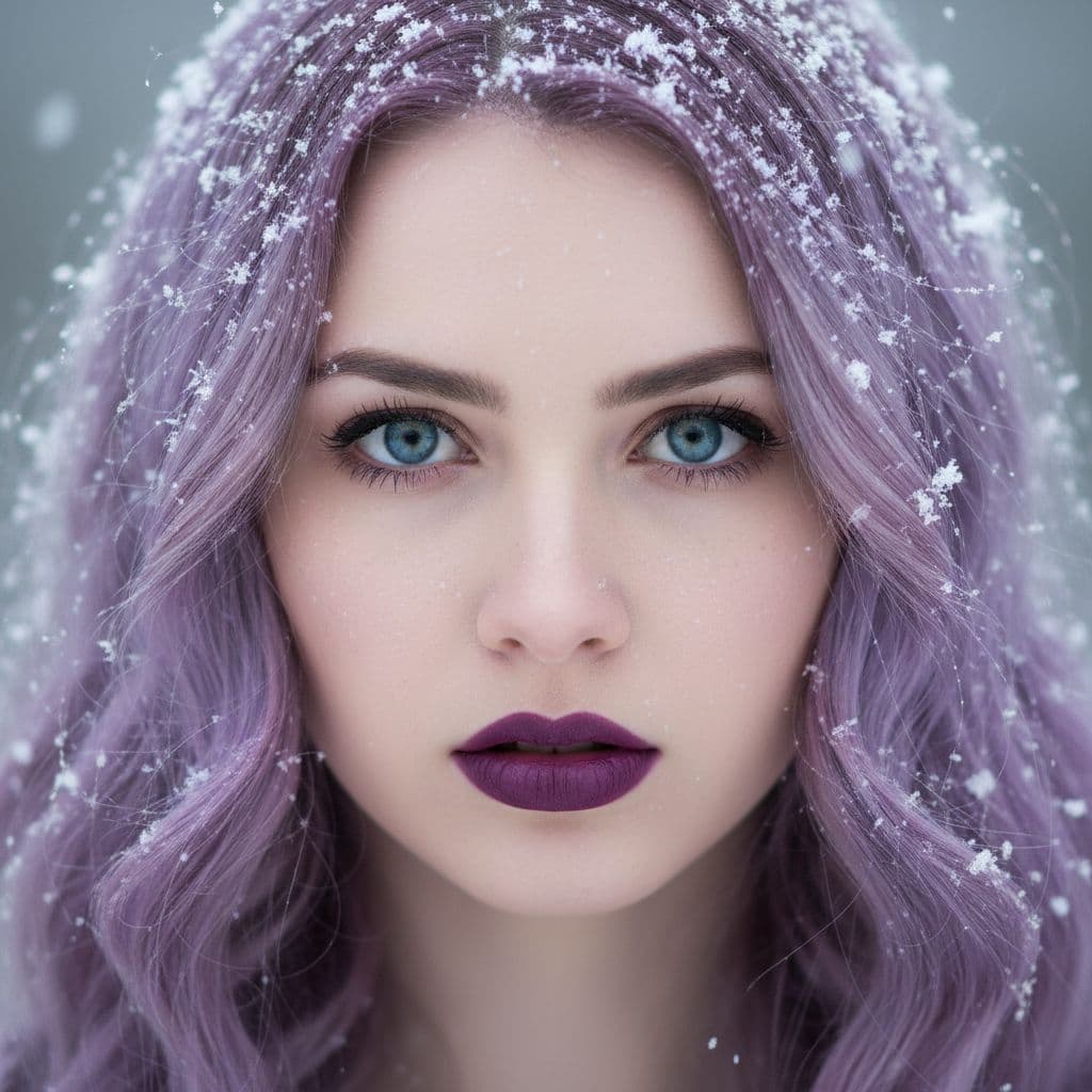 AI generated: A close-up image of a person with wavy, lavender purple hair dusted with snowflakes, piercing blue e...