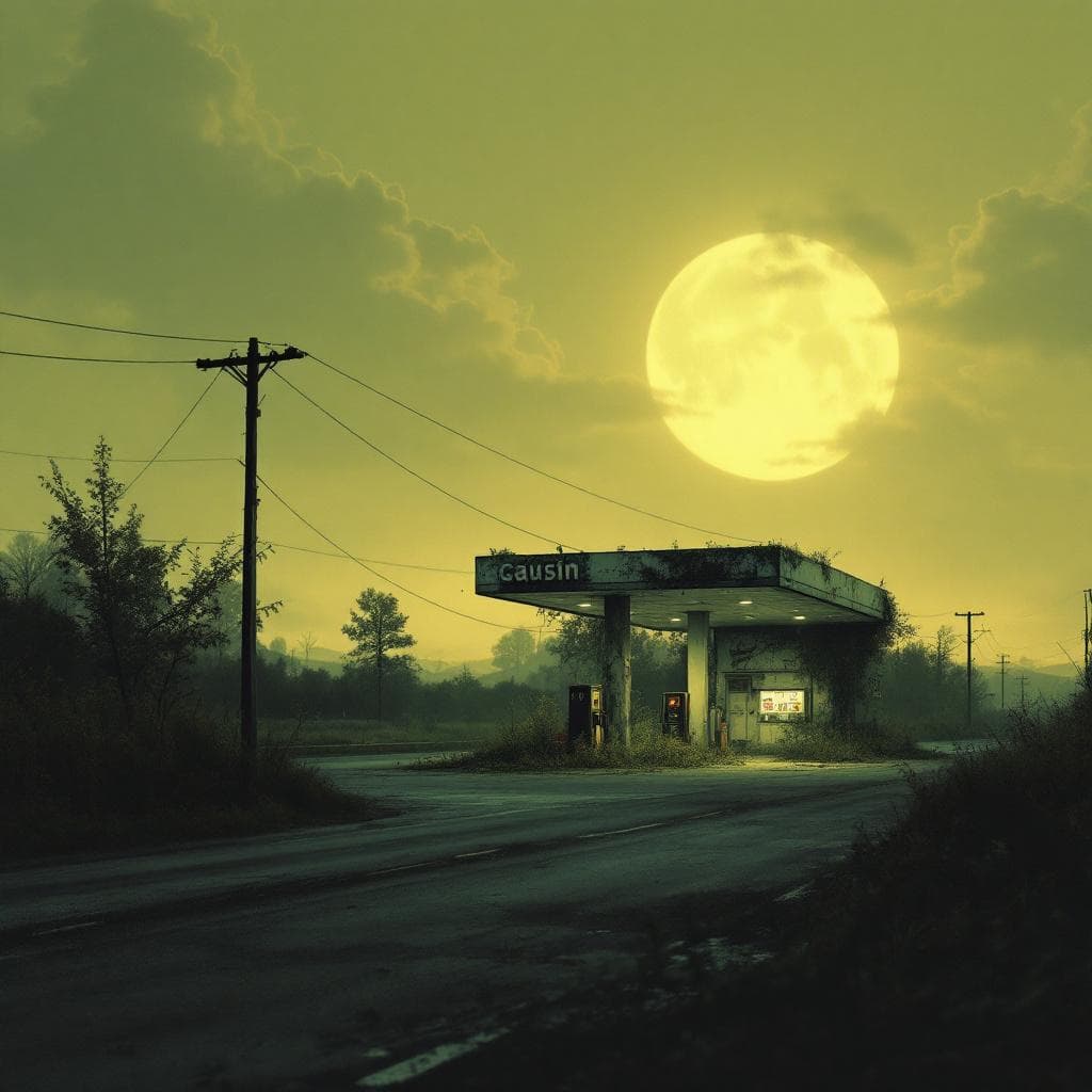 AI generated: A lonely abandoned gas station overrun by weeds sits on a dimly lit highway as time goes on