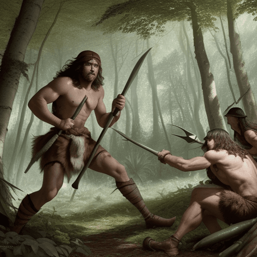 AI generated: bataille e tulsam dans les forets de clement the barbarian