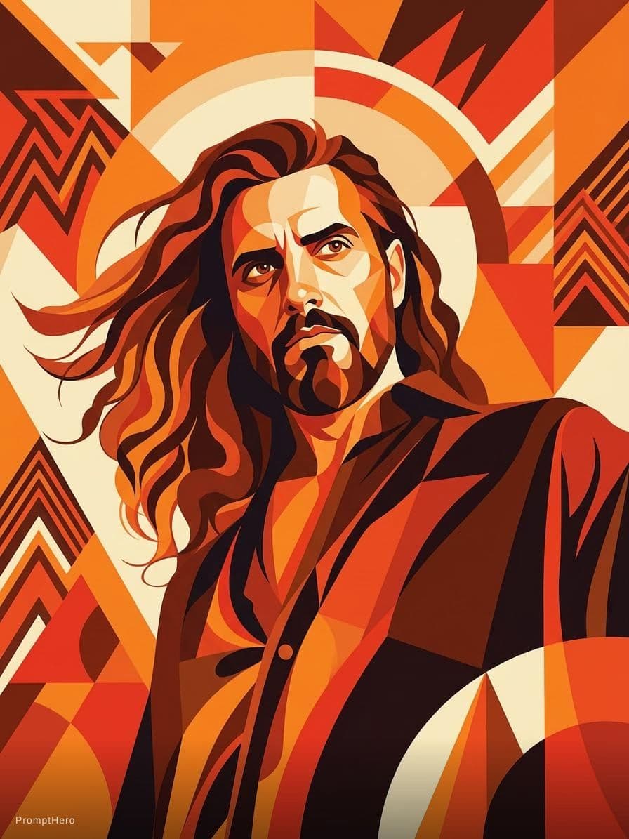 AI generated:  inspired by art deco and cubism, featuring a man with a poised expression. Her portrait is composed...