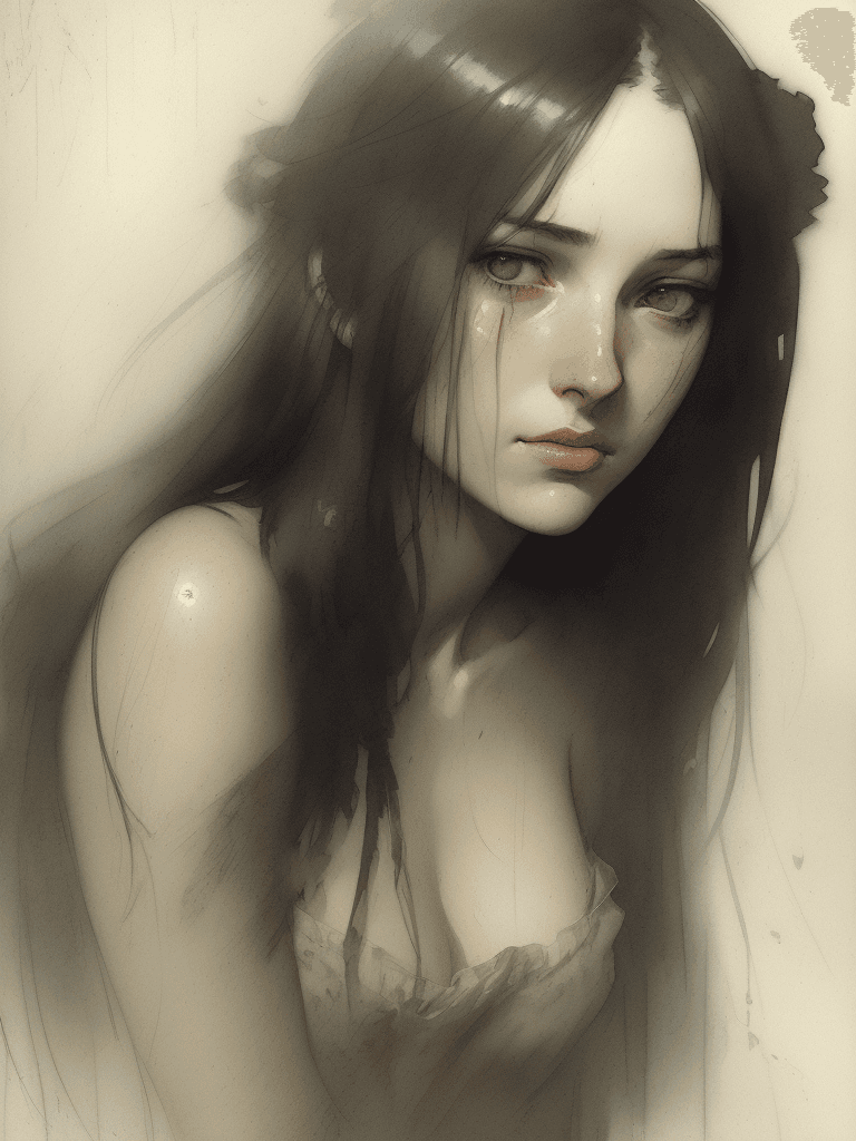 AI generated: illustration of a perfect girlfriend, shy, submissive, gentle, long hair, lovely, soft lovely facial...