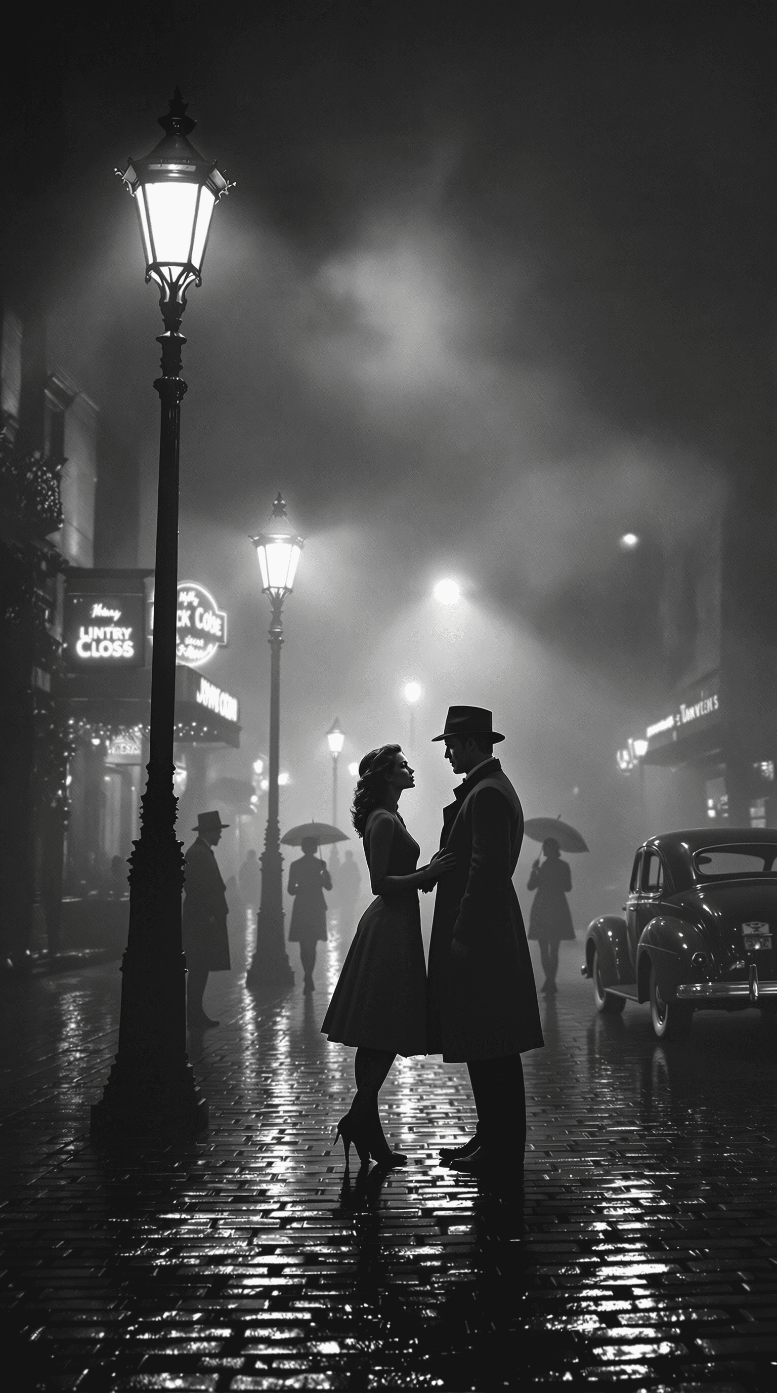 AI generated: a cinematic black-and-white noir depiction of a vintage cobblestone street at night, shrouded in thi...