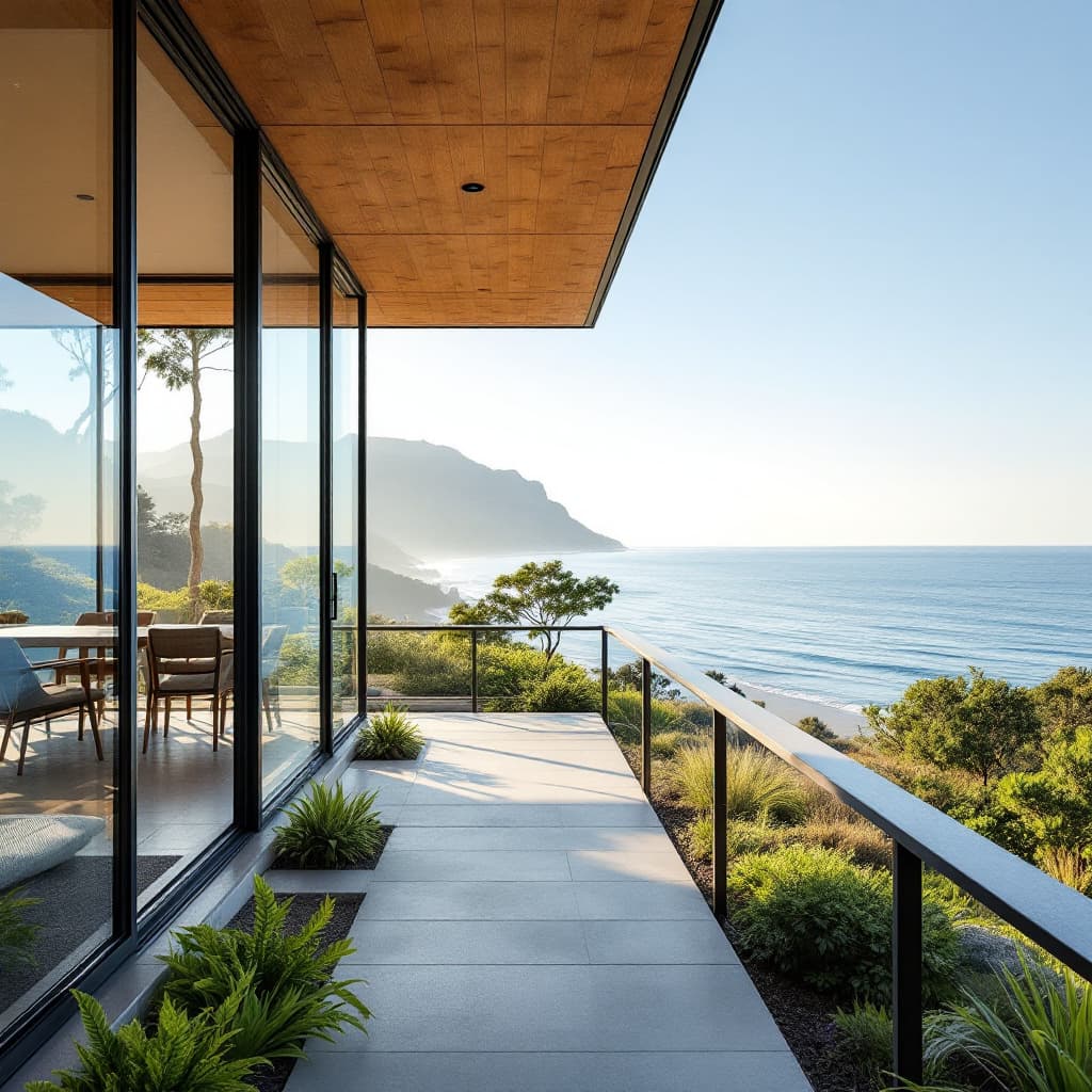 AI generated: Hyper realistic eye level exterior photo of a mid century modern style house overlooking the ocean, ...