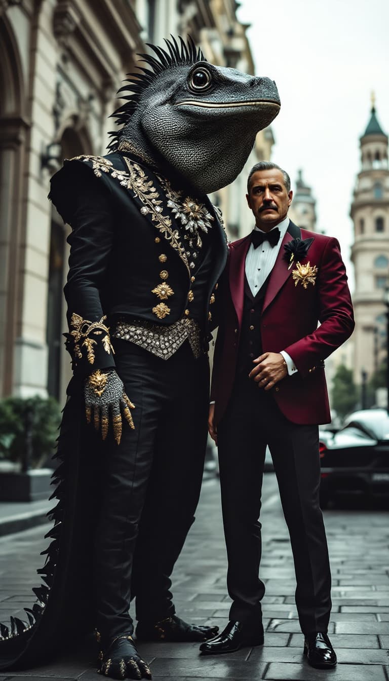 AI generated: A noble anthropomorphic big Iguane in a luxurious black and silver mariachi suit, standing next to a...