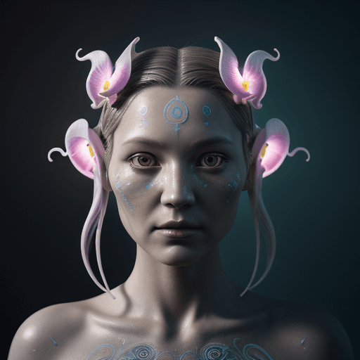 AI generated: Goddess close-up portrait ribcagel. jellyfish phoenix head, nautilus, orchid, skull, betta fish, bio...