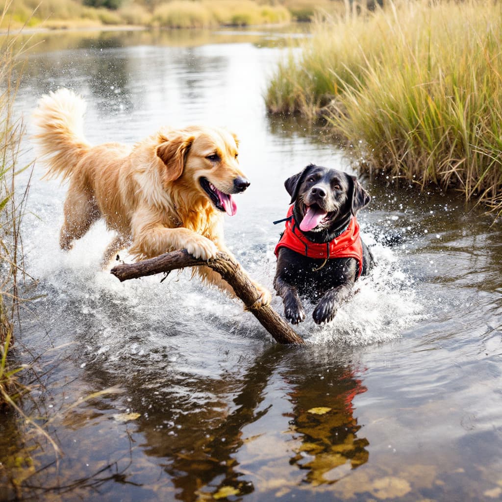 AI generated: A golden retriever and a Black Lab jumping into a pond to retrieve a stick
