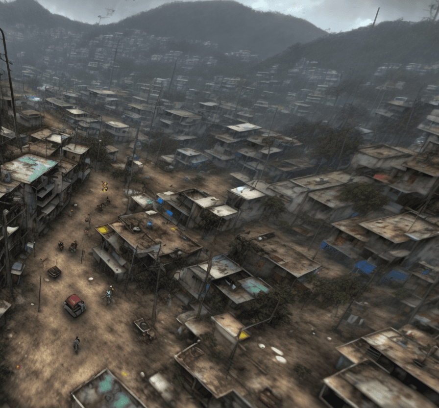 AI generated: a mech is walking in a favela. terrified people are running while fleeing. realistic view.
