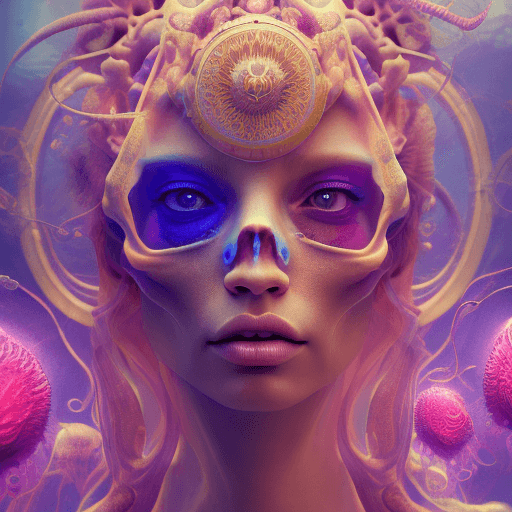 AI generated: Goddess close-up portrait ribcagel. jellyfish phoenix head, nautilus, orchid, skull, betta fish, bio...