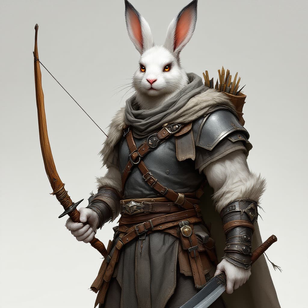 AI generated: male d&d harengon, male dnd rabbitfolk, :: white fur with grey tipped ears, male rogue wearing grey ...