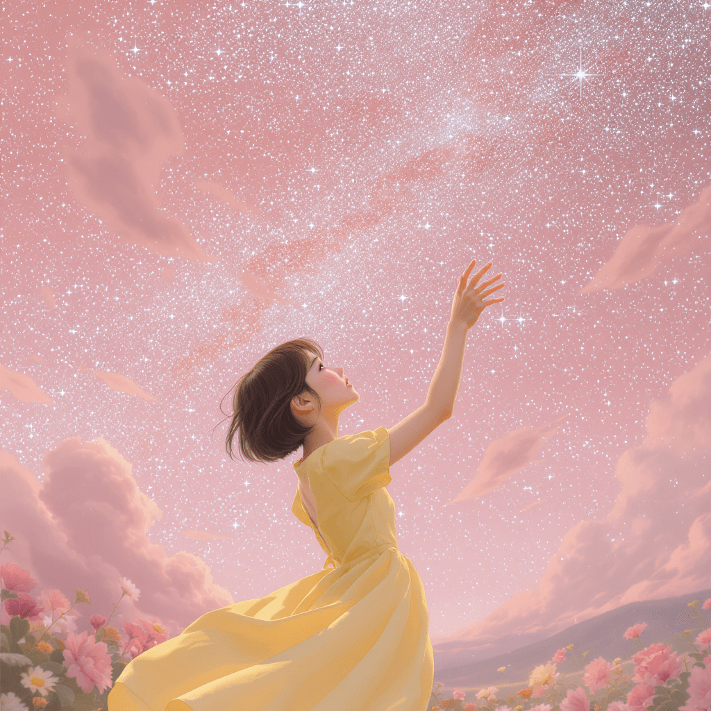 AI generated: a young hppy short hair Asian girl girl in a yellow dress, searching for stars in the big pink sky h...