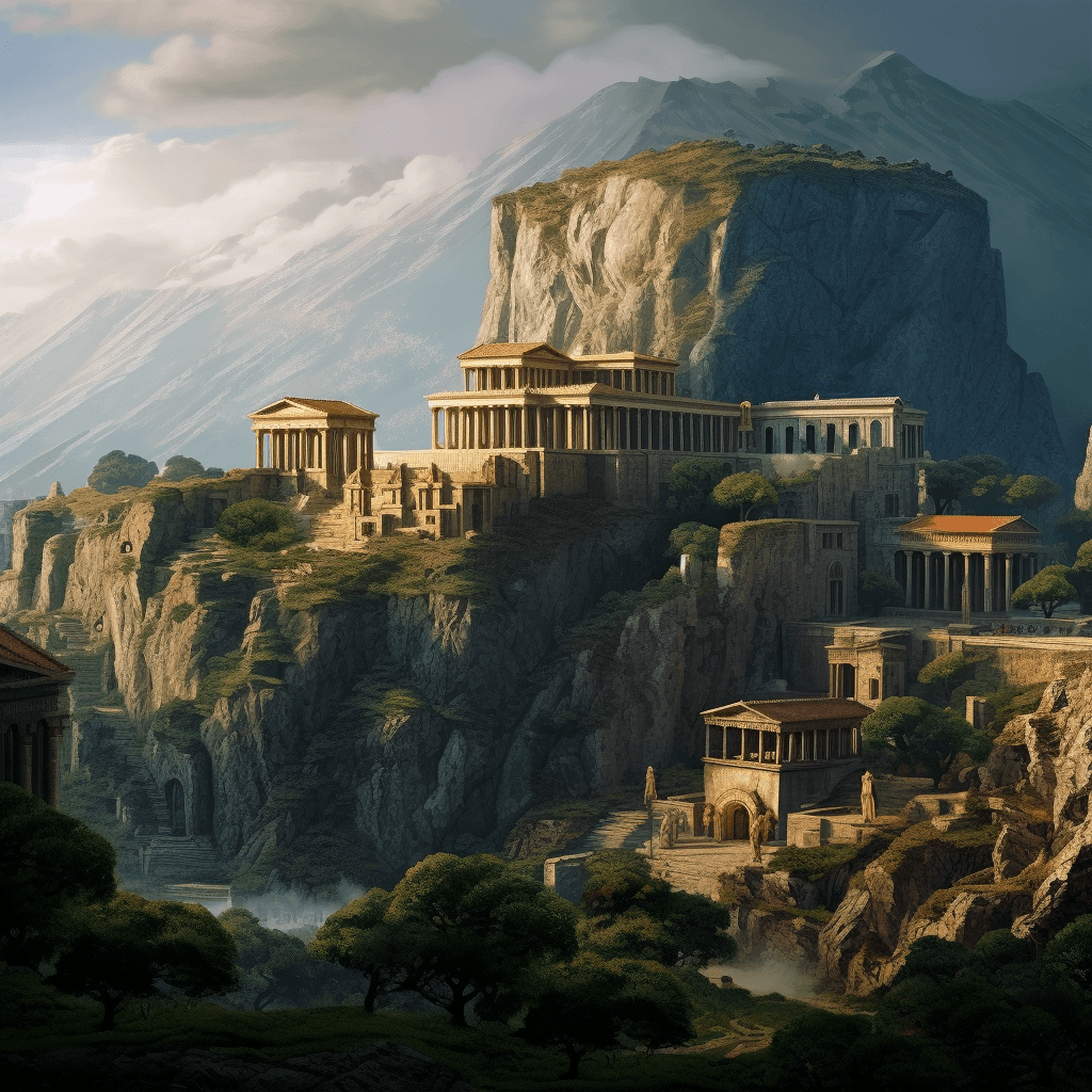 AI generated: roman buildings set against mountains, ultra-detailed, film photography, light leaks, trending on ar...