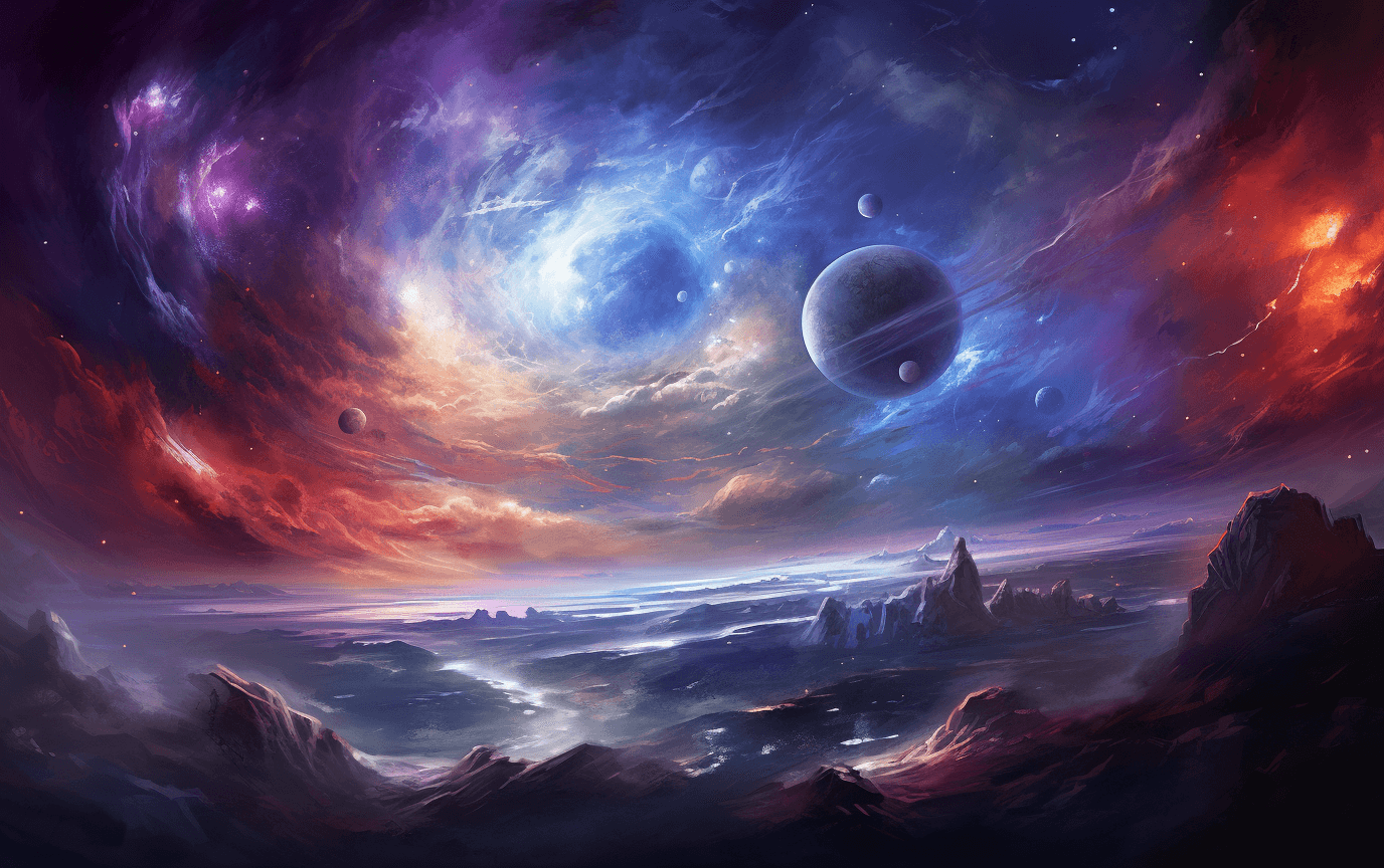 AI generated: a galaxy with blue water, a red star and many planets in one view, in the style of digital fantasy n...