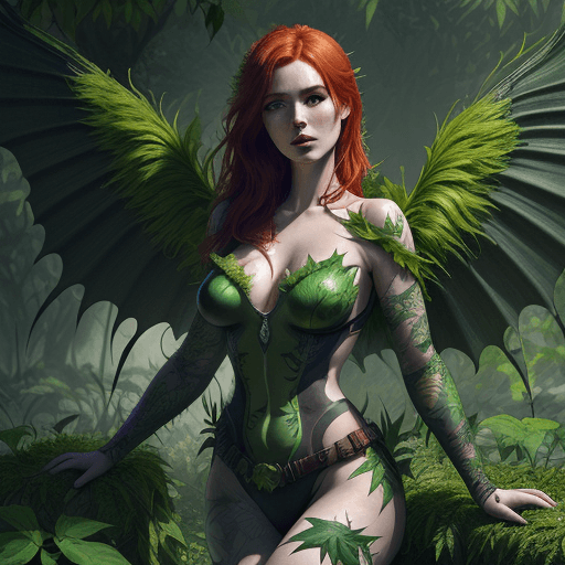 AI generated: ultra detailed photo shot of a woman (Jia Lissa) dressed as Poison Ivy, with wings made of ((grassy-...