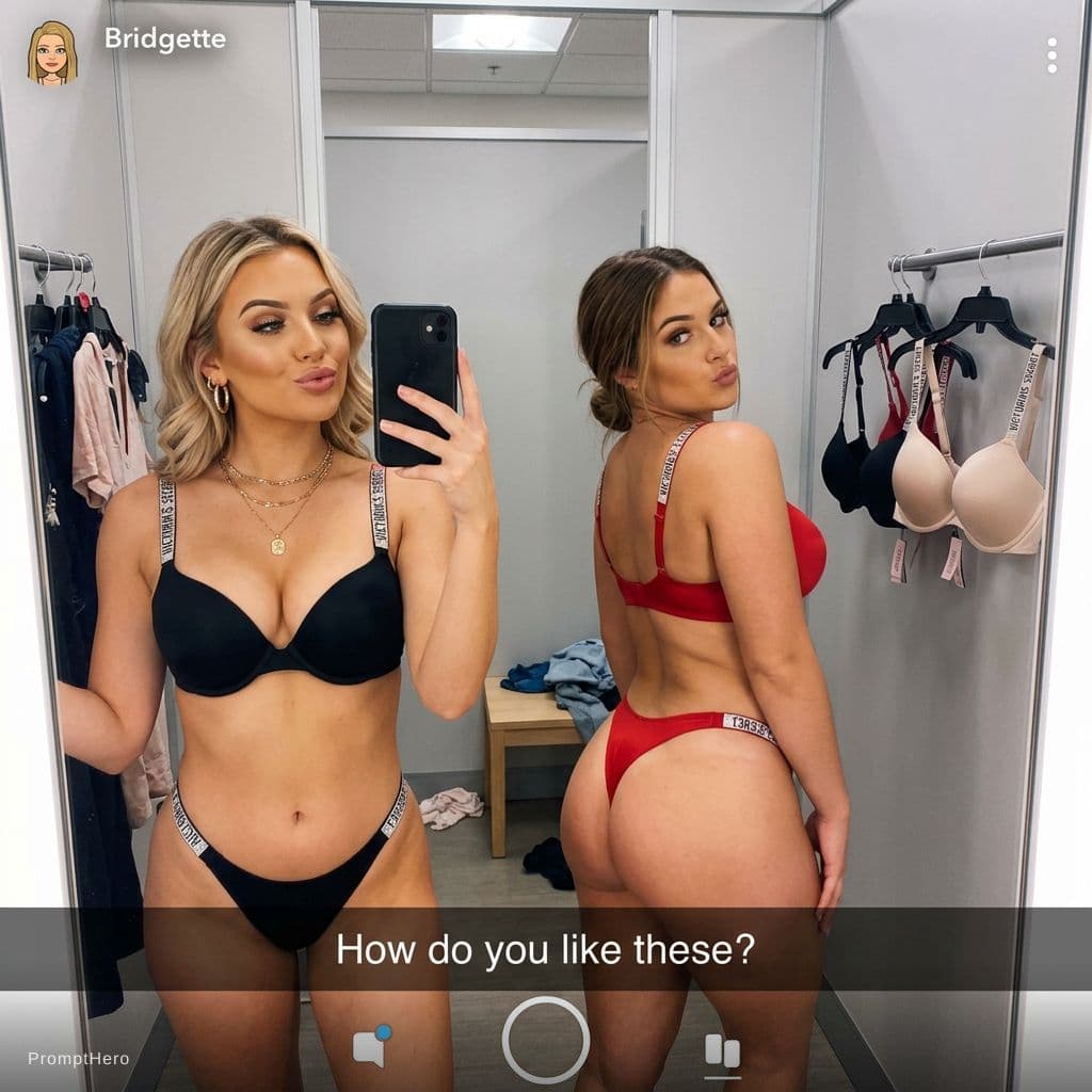 AI generated: Two gorgeous 21 year old white women take a mirror selfie in a dressing room. The dressing room rack...