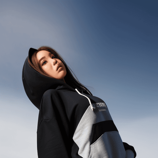 AI generated: Girl with hoodie, shockpant, low angle view