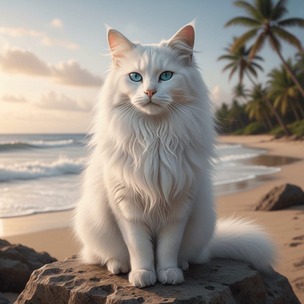 AI generated: create image of a long-haired fluffy white cat with piercing turquoise eyes. Its fur is fluffy and v...