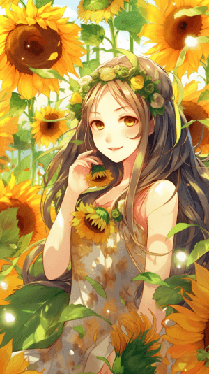AI generated: A radiant sunflower on a cheerful girl's face, flowing sun-kissed hair, in vibrant sunflower-pattern...