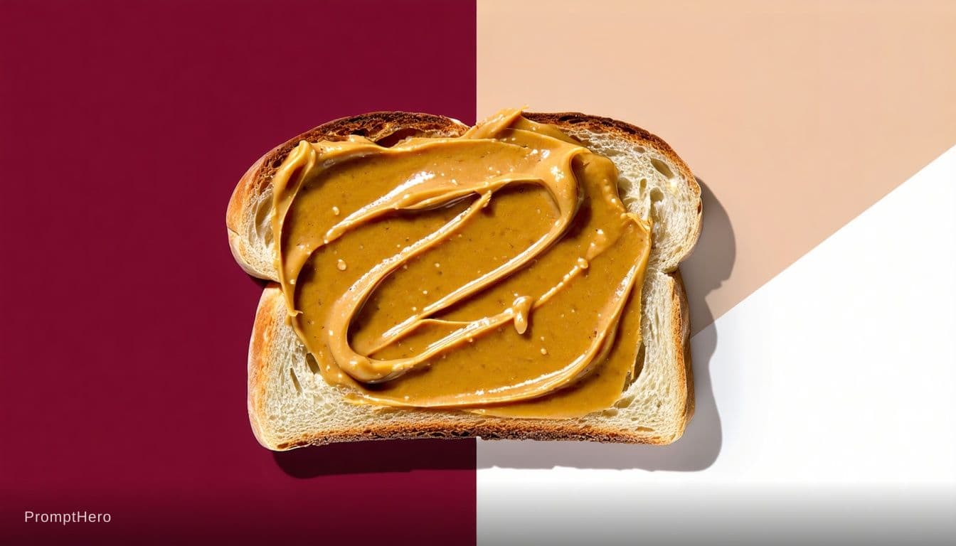 AI generated: Editorial food photography of a single thick-cut sourdough bread slice, centrally positioned. The su...