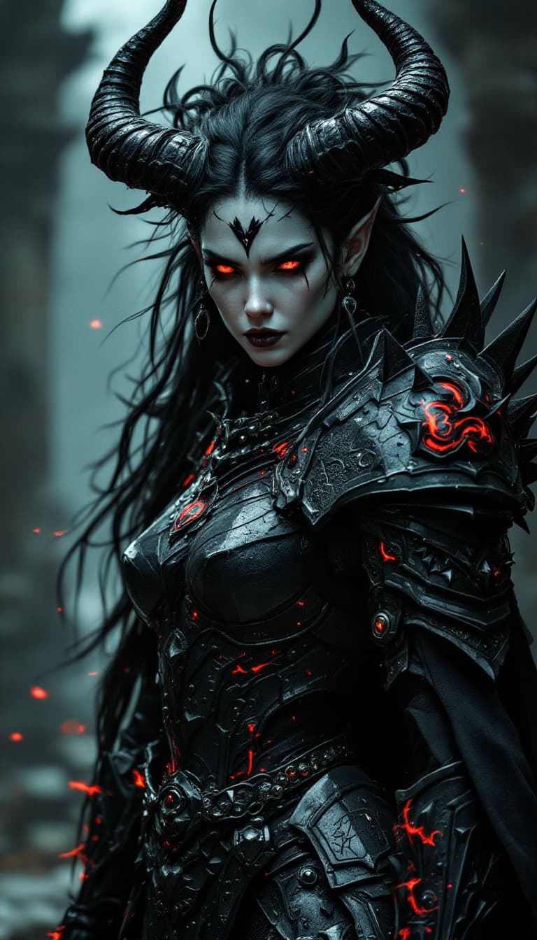 AI generated: An ultra-realistic, full-body portrait of a mesmerizing demon knight woman, her pose both powerful a...
