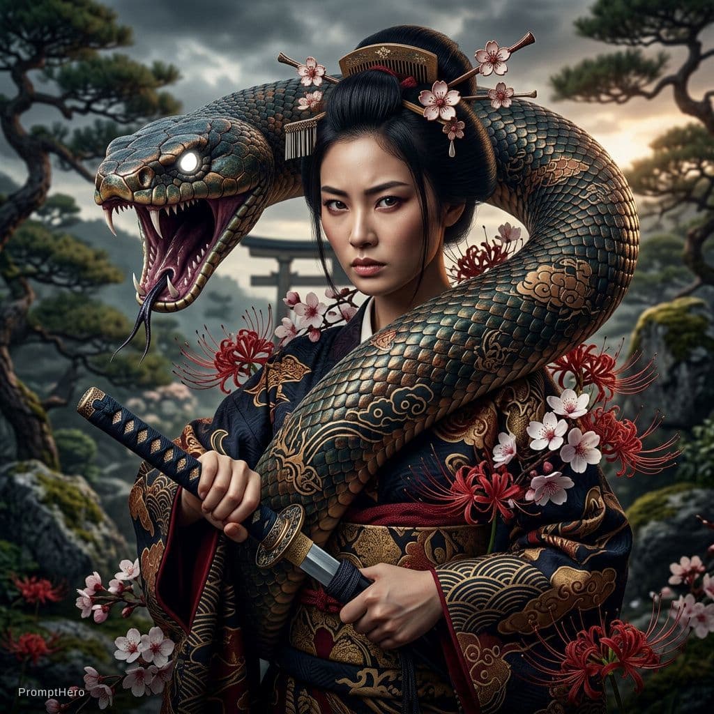 AI generated: MAKE THE IMAGE I HAVE ATTACHED INTO A EPIC HYPERREALISTIC IMAGE ADD A EPIC ANGRY SNAKE WITH A WHITE ...