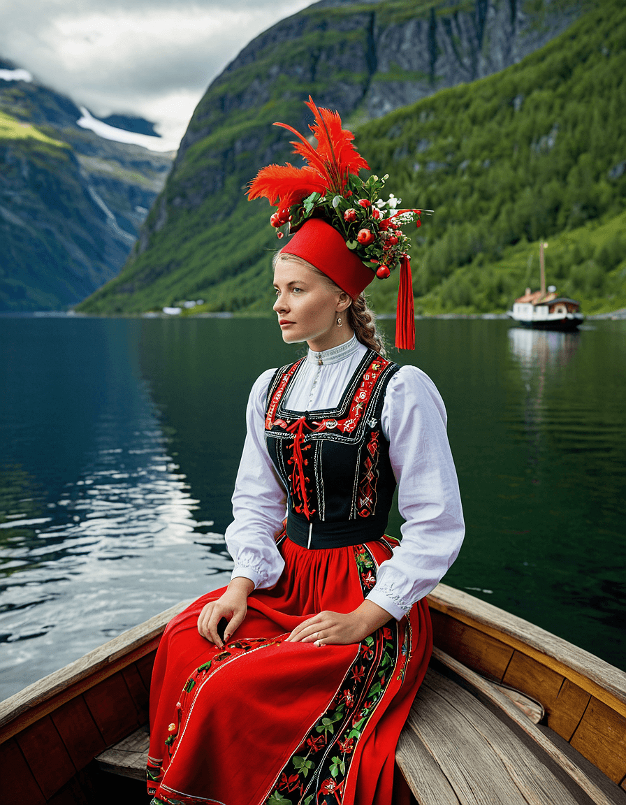 AI generated: An enchanting scene of a woman in a traditional Norwegian Bunad, in the fjord lands of Norway. The B...