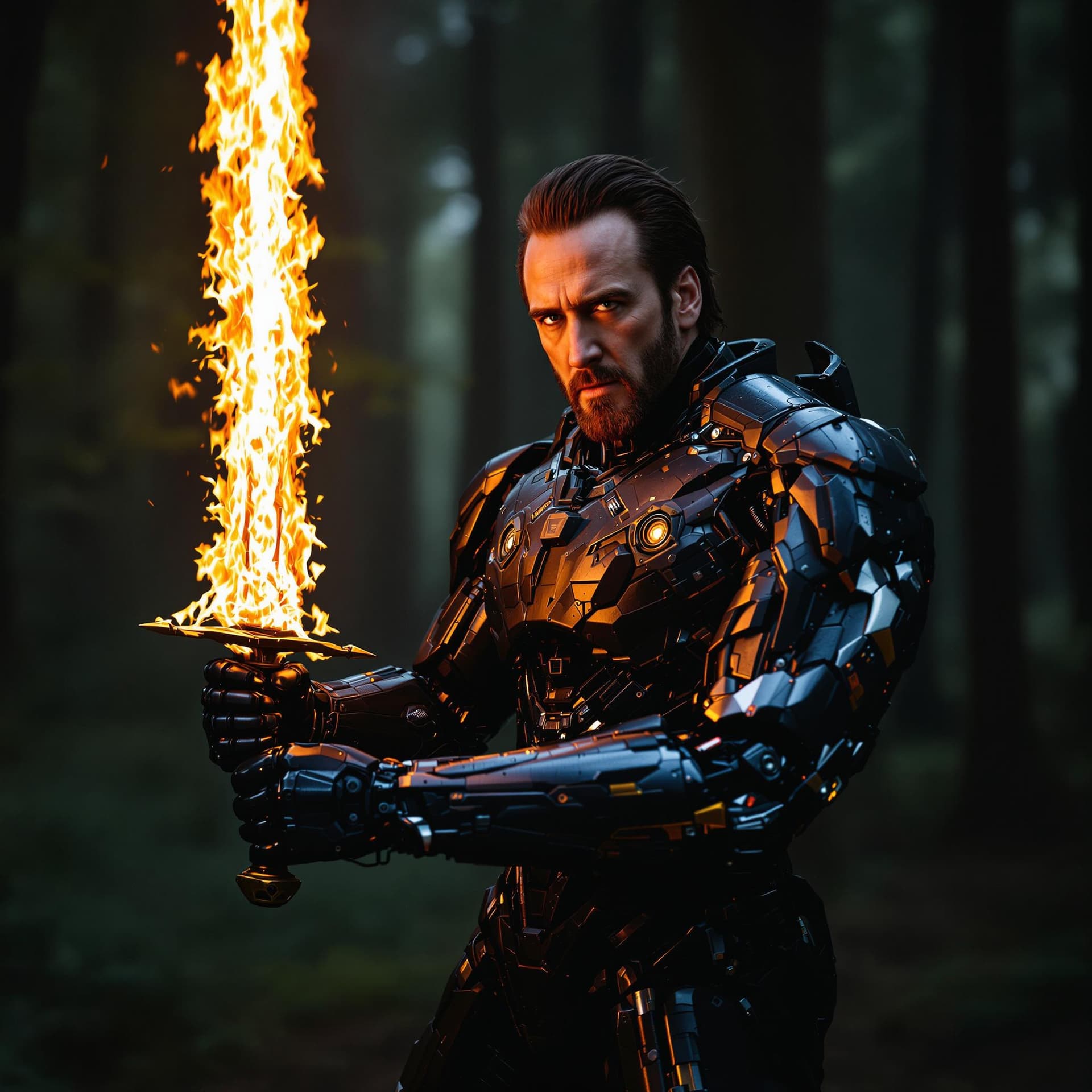 AI generated: The real photo is of a American powerful man Nicolas Cage, with a futuristic cybernetic robot body, ...