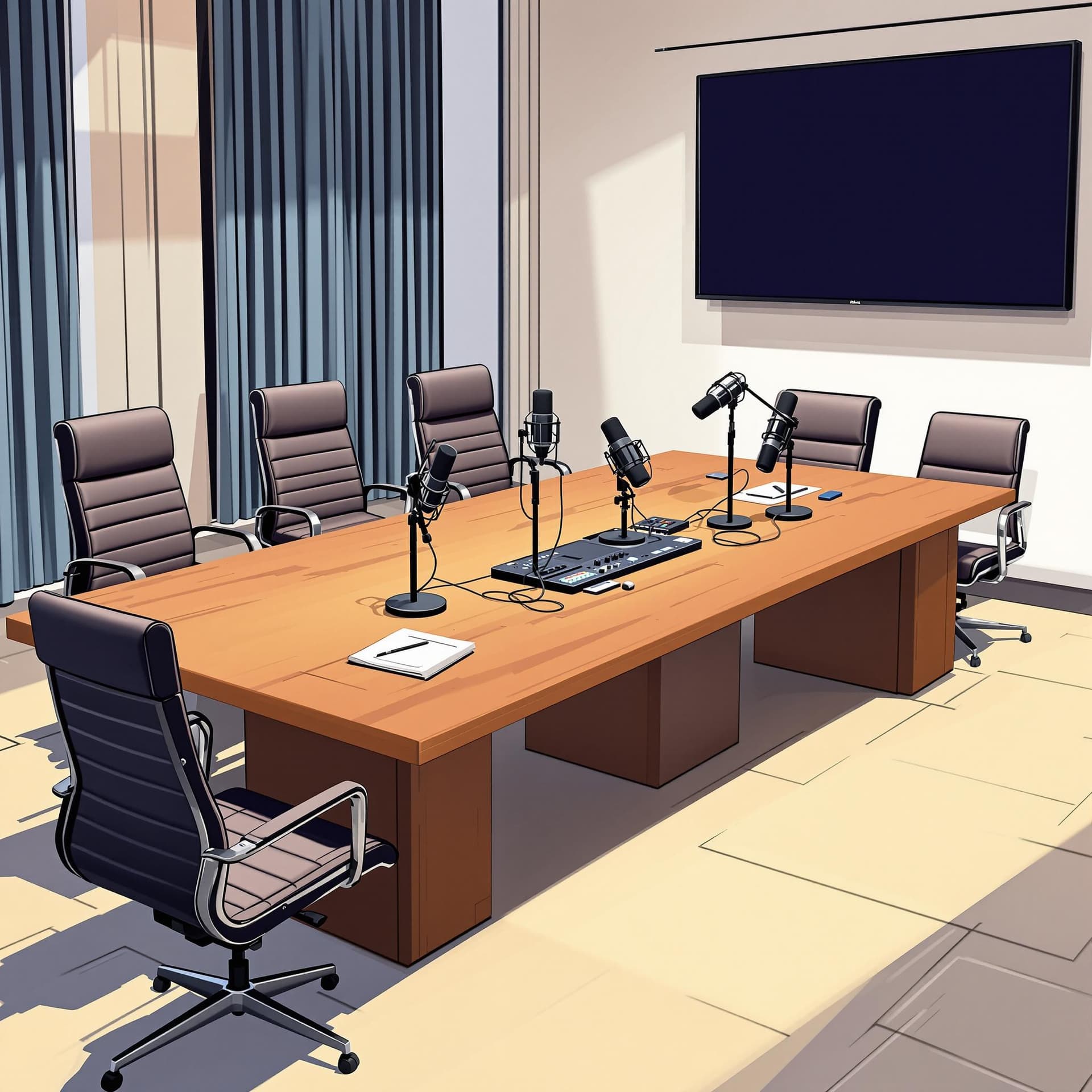 AI generated: A rectangular conference table with executive chairs alongside it with bigger Desktop Podcasting Mic...