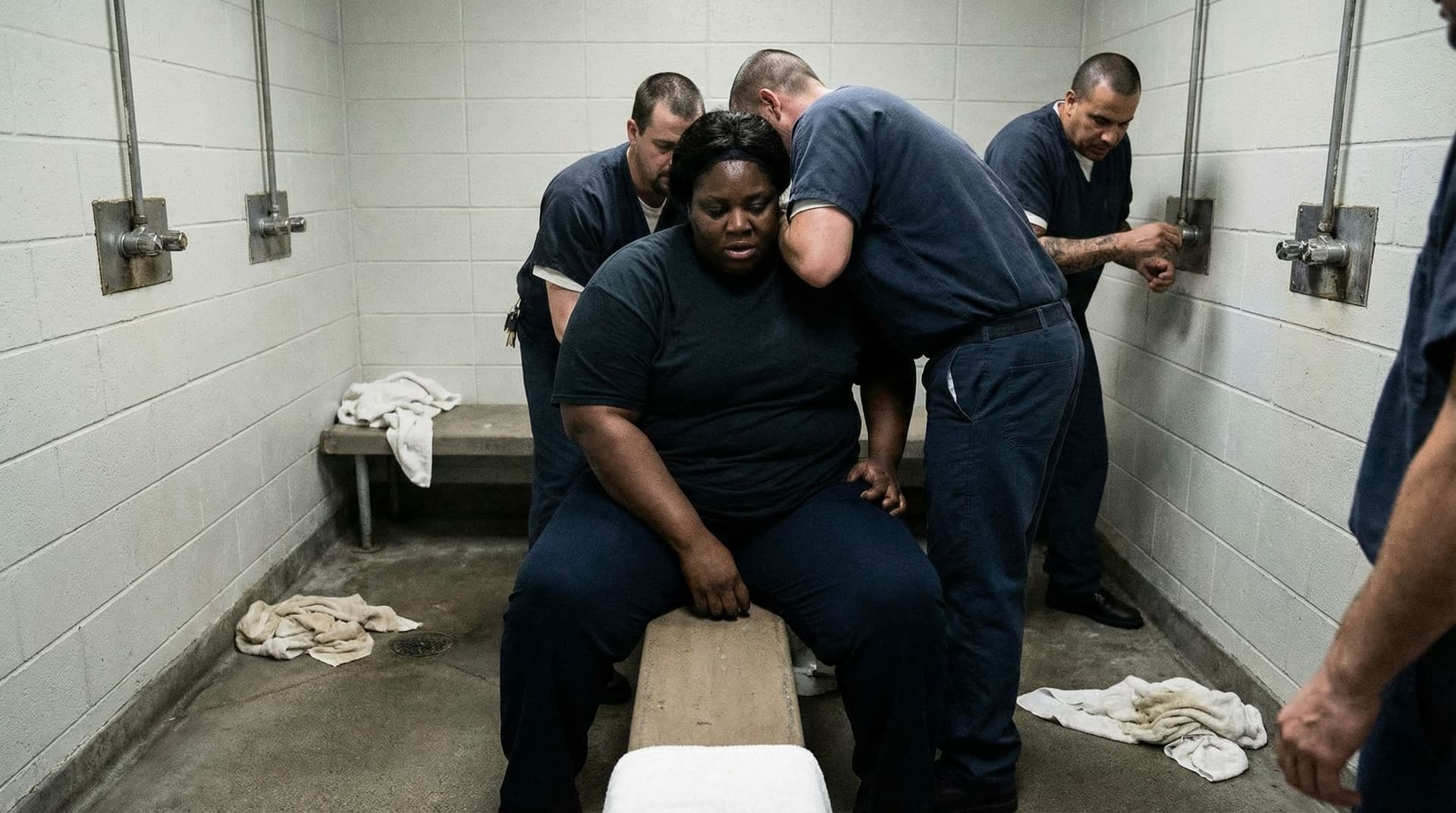 AI generated:  Fat black african  woman
 put in the showers in  cell with male inmates . they remove her red shirt...
