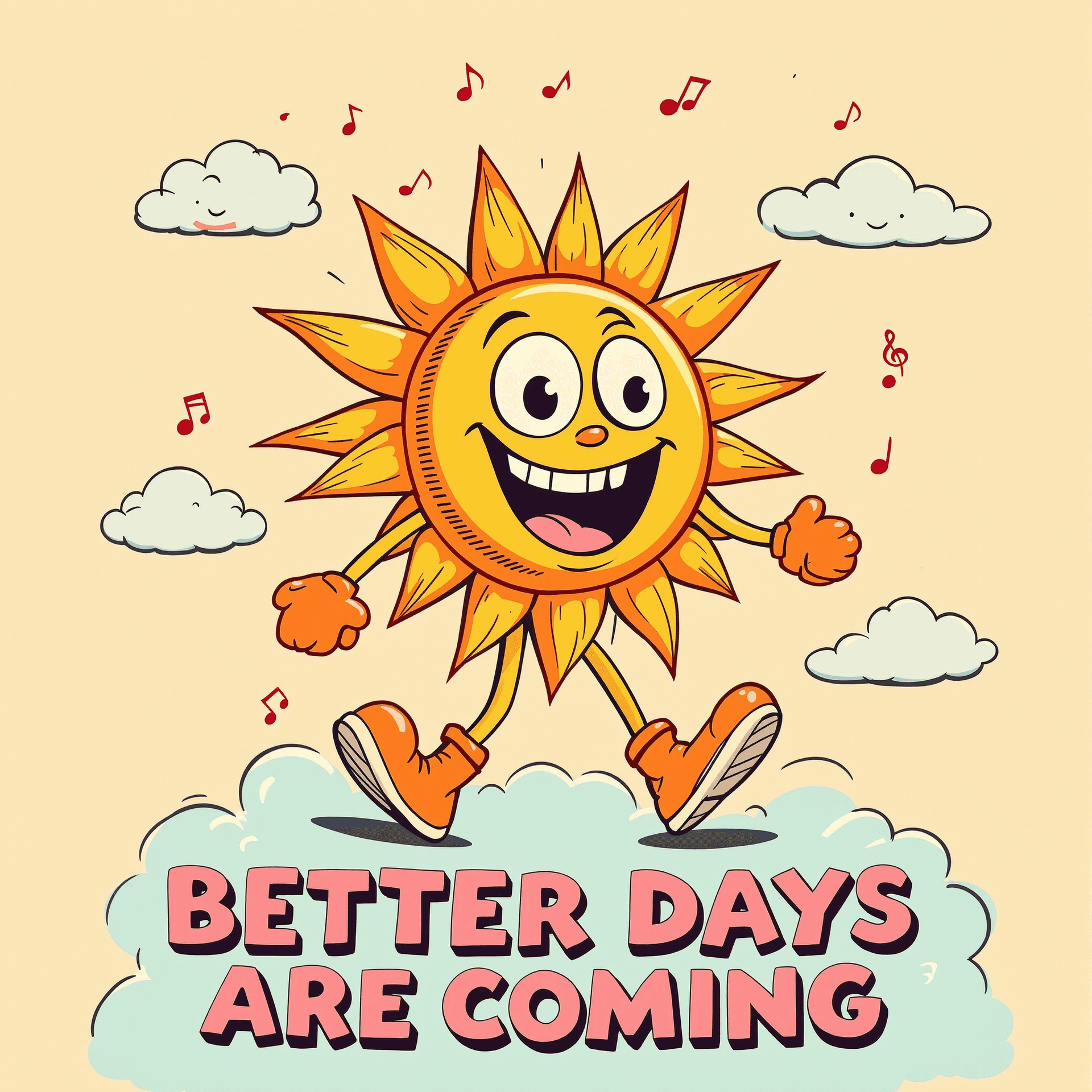 AI generated: A cartoon sun, centrally located, is walking across stylized clouds. The sun is orange and yellow wi...