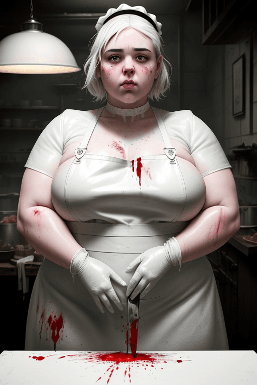 AI generated: RAW photo, low key, cinematic composition, fat  ugly female butcher, woman, rim light, blood everywh...