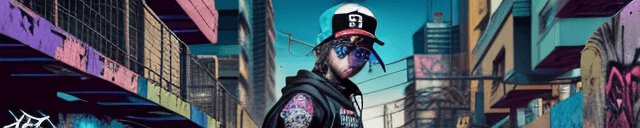 AI generated: Cyberpunk style, a cat standing on a skateboard, wearing a backwards baseball cap and holding a boom...