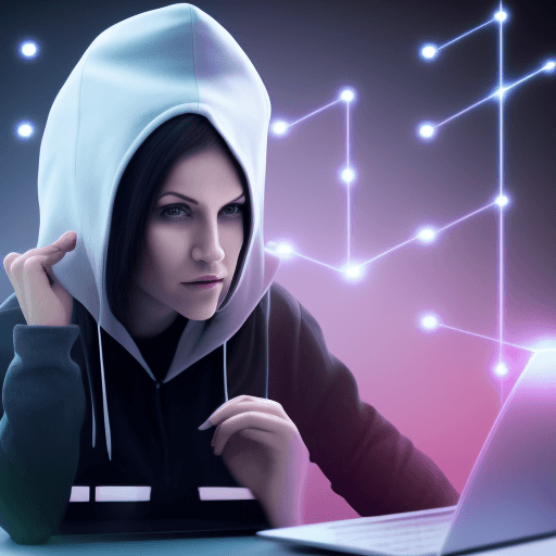AI generated: Realistic crazy female hacker in a front of a computer with hood on and the letters written “Atletii...