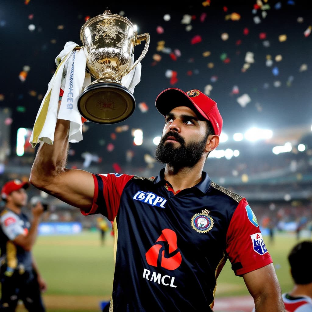AI generated: virat kohli lifting IPL cup after winning against RCB, let it be9:16 ratio

