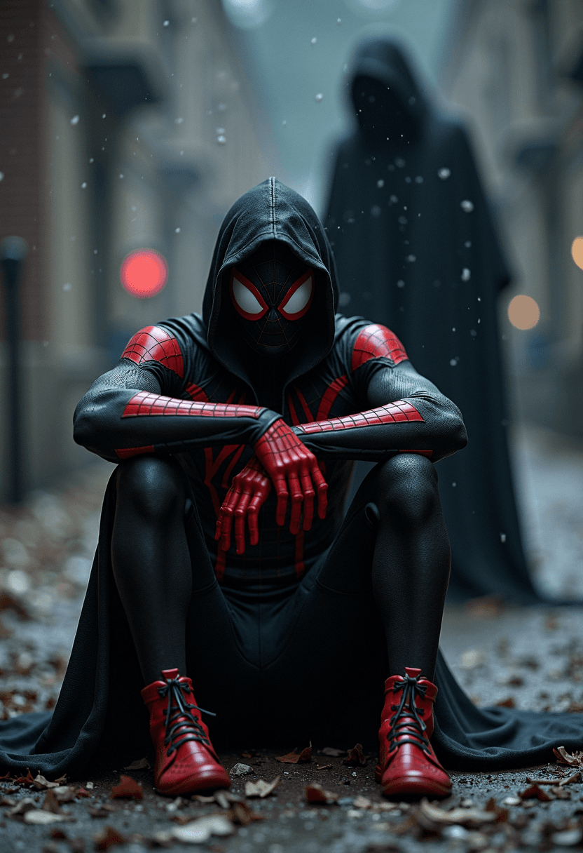 AI generated: Black and Red Spider-Man sitting with arms on his knees, while Death is standing far away behind him...