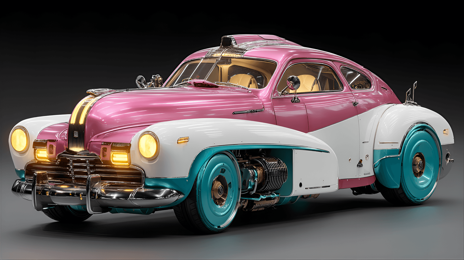 AI generated: Retro-futuristic custom car, vibrant pink and teal,  detailed 1940s-style coupe with a jukebox-style...