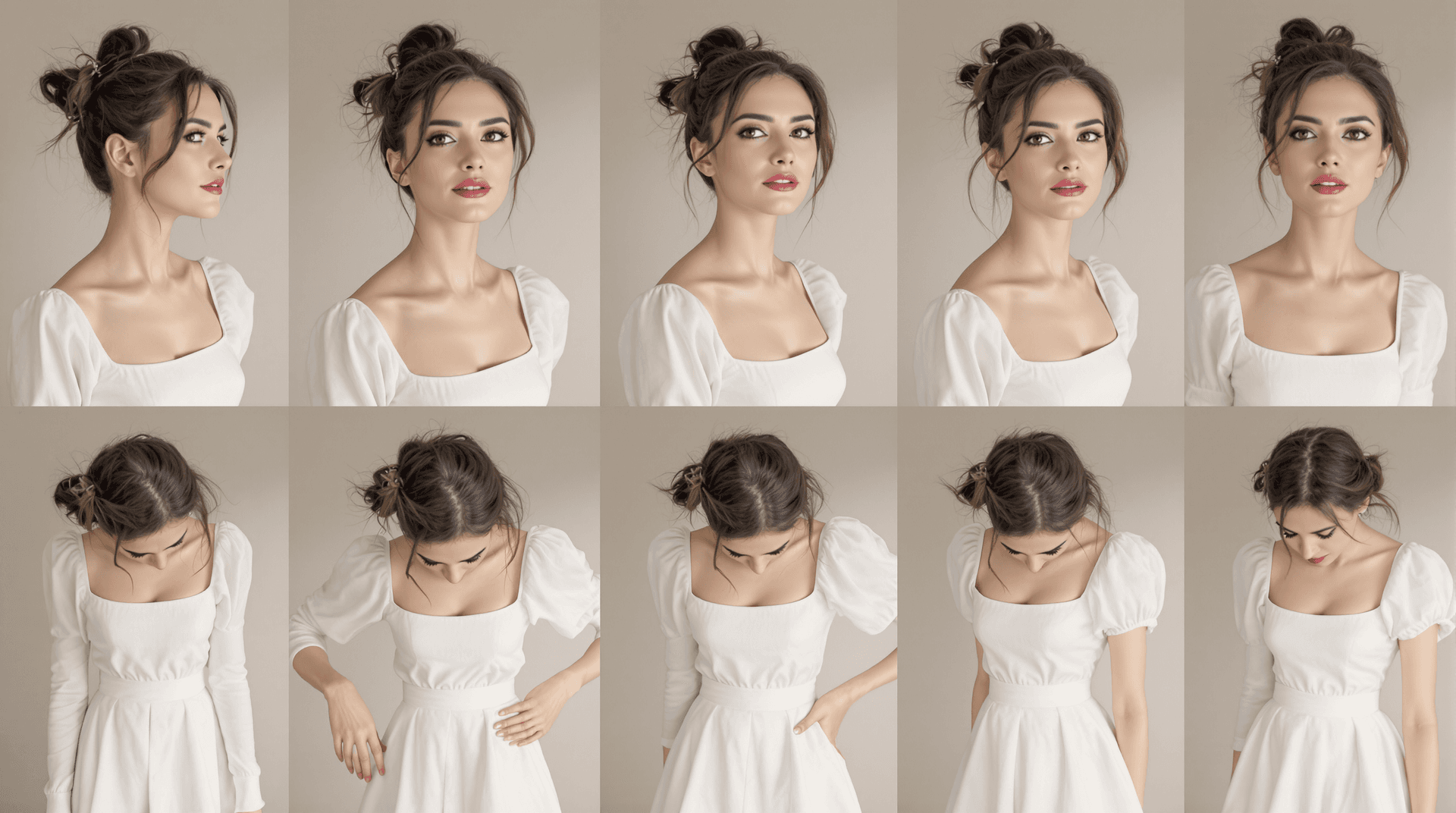 AI generated: A 3x3 grid of a British Caucasian woman in multiple poses and hair style in half side of frame and i...