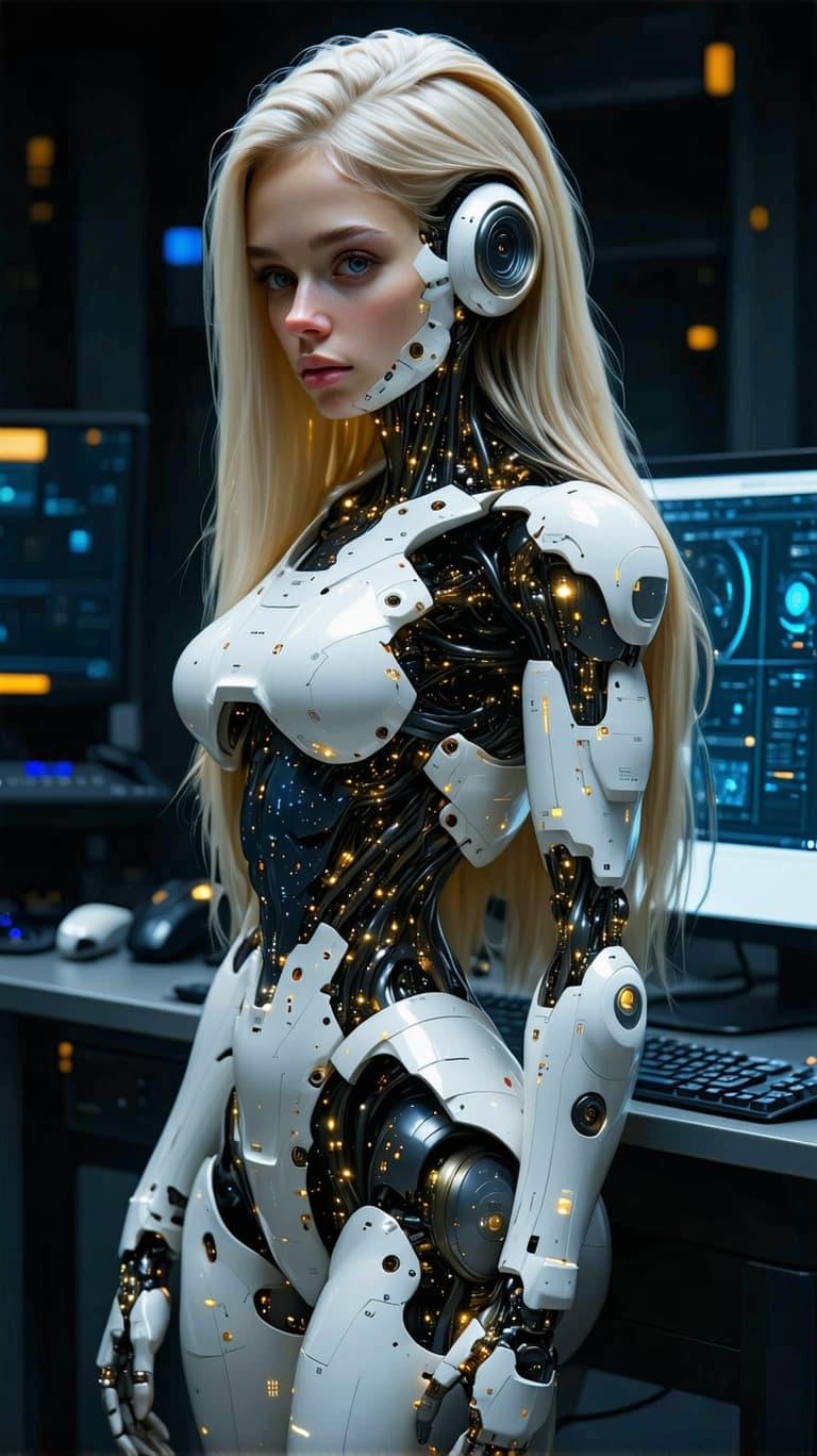 AI generated: exceptionally beautiful blonde hair blue eyed age 18 , artificial intelligence robot, (futuristic),(...