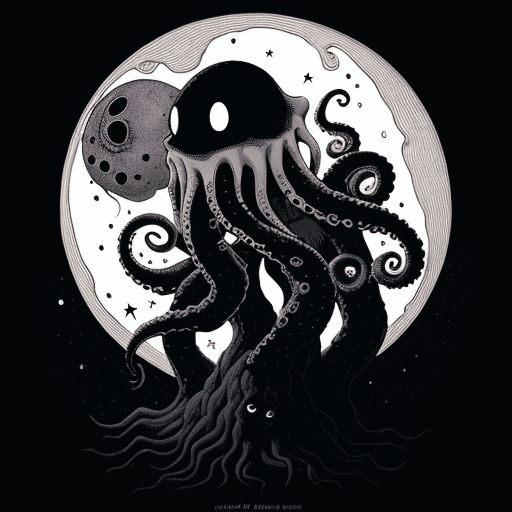 AI generated: Giant octopus, tentacles enveloping the moon, darkness of space, small stars, art style inspired by ...