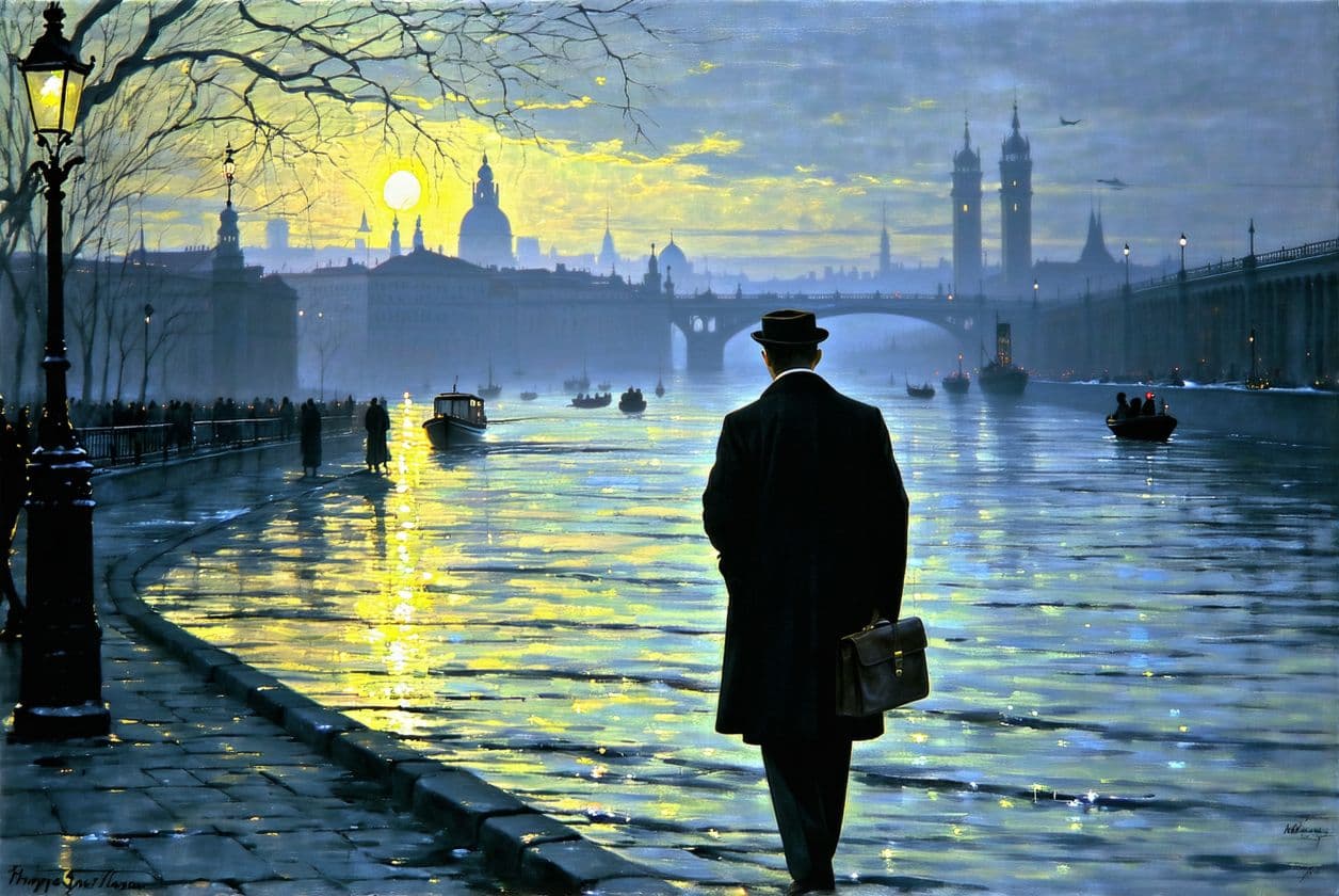 AI generated: 
A contemplative scene at dusk, where a solitary traveler walks gently along the bank of a serene ri...