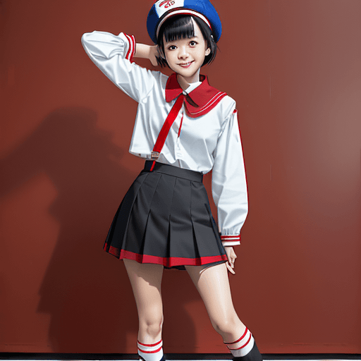AI generated: Photograph, f/5, very short black hair with choppy bangs, Japanese smiling thin girl wearing red ski...