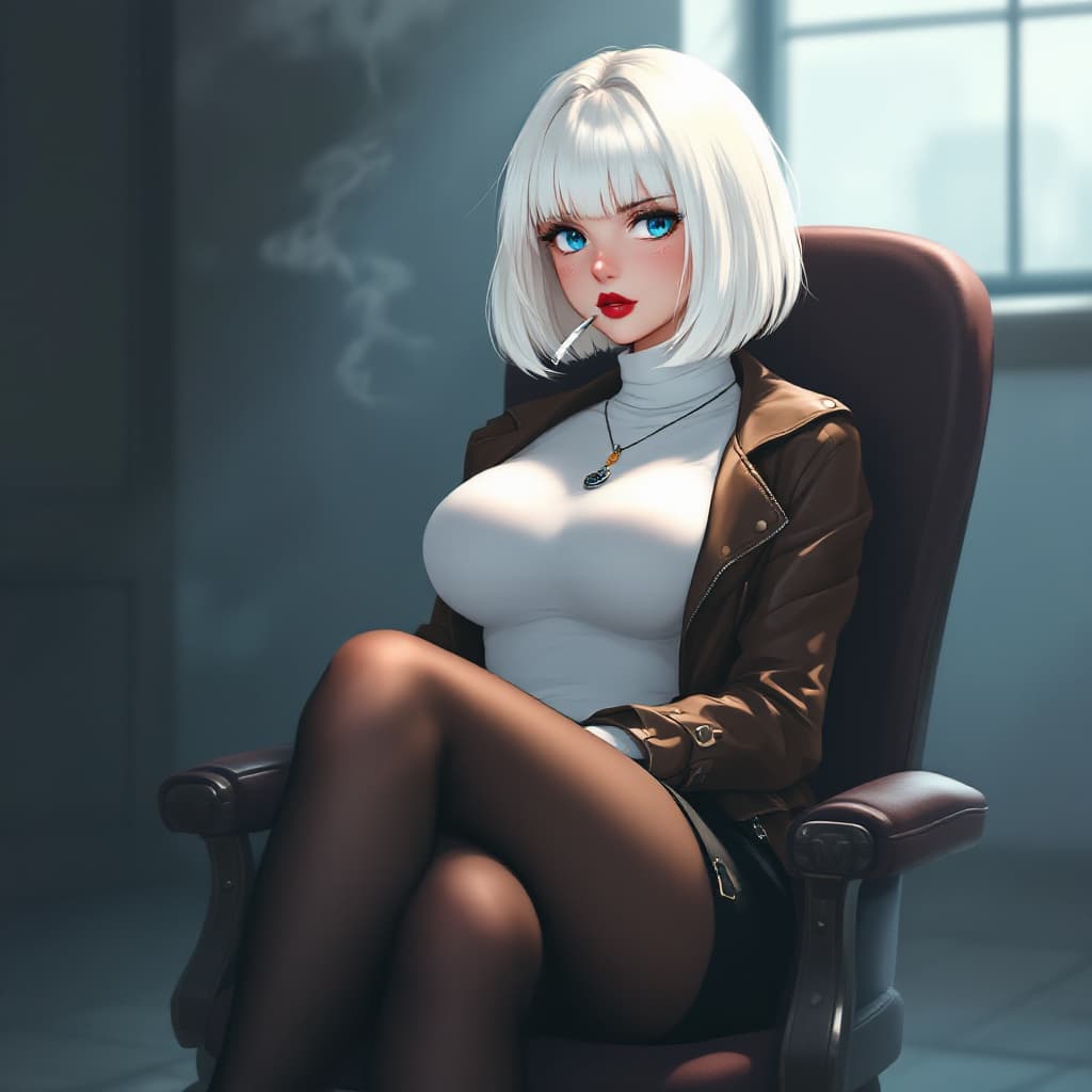 AI generated: anime, woman, white hair, bob cut, blue eyes, freckles, red lips, white sweater, tight sweater, shor...