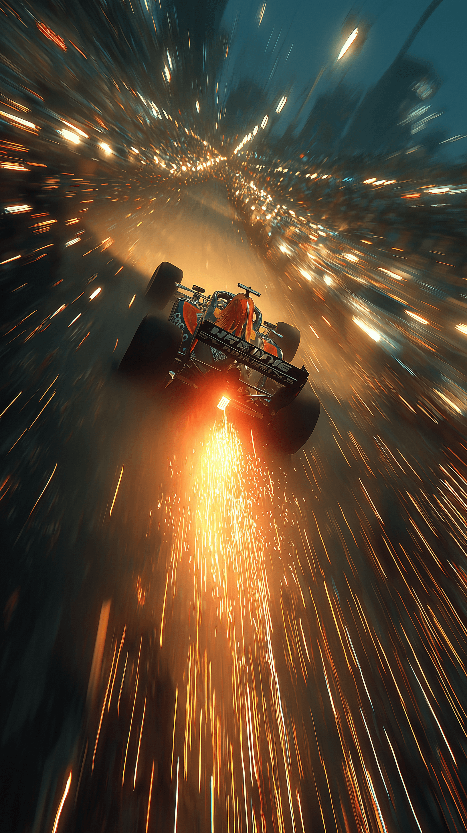 AI generated: cinematic, overhead whip-pan capturing F1 machine, full-shot, burst past, night, motion blur, tail l...