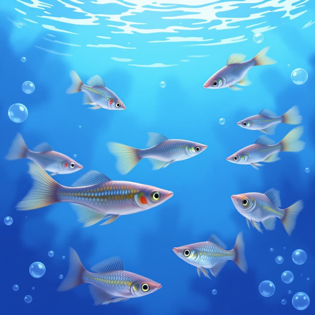 AI generated: blue, guppies, fins, gills, guppies, bubbles, scales, currents 
--ar 16:9 --profile 9wfmrw7 993hh3f ...