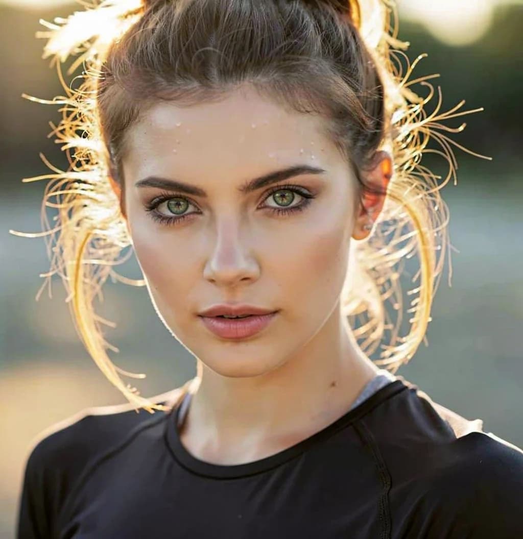 AI generated: Hair in a messy ponytail. slight gleam of sweat after running.  Show upper body.  Jogging shirt.  DD...