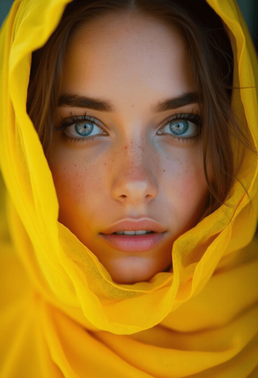 AI generated: A captivating close-up photo portrait of a woman with striking blue eyes, framed by long, dark lashe...